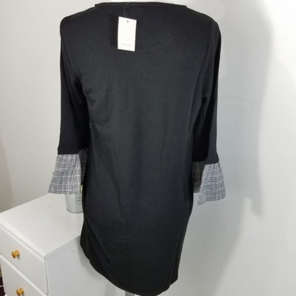 Pleione Black Plaid Ruffle Sleeve Knit Shirt Dress - Picture 6 of 8